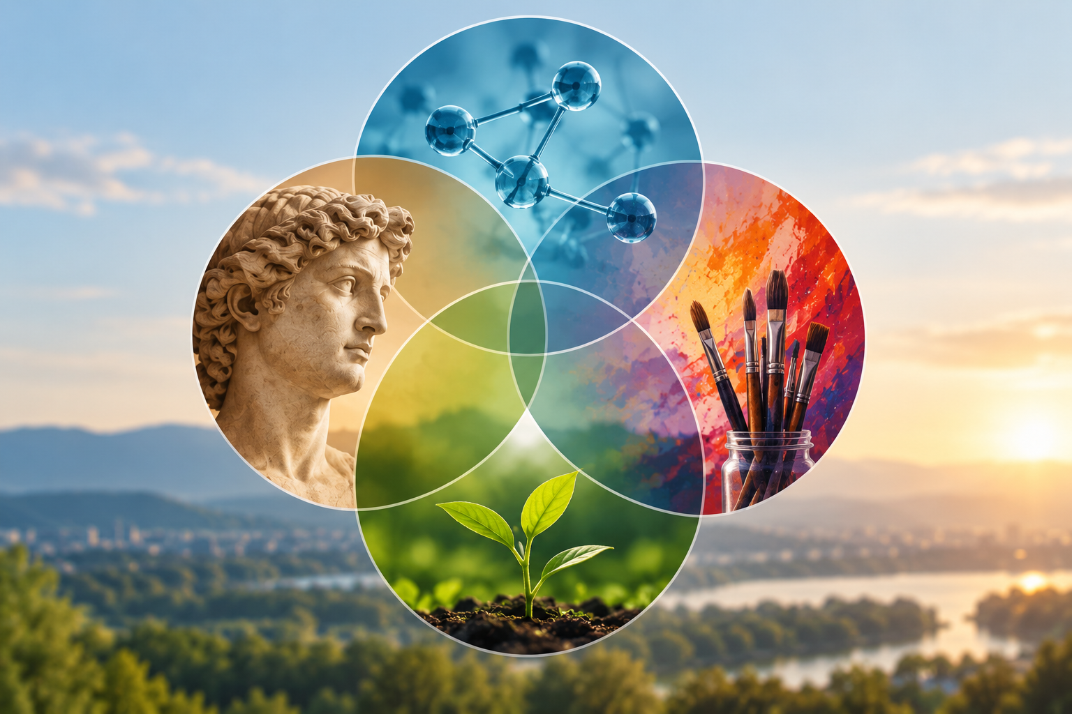 our overlapping circles represent STEAM disciplines, featuring a classical sculpture, molecular model, paintbrushes and colorful artwork, and a growing plant against a scenic sunrise landscape.