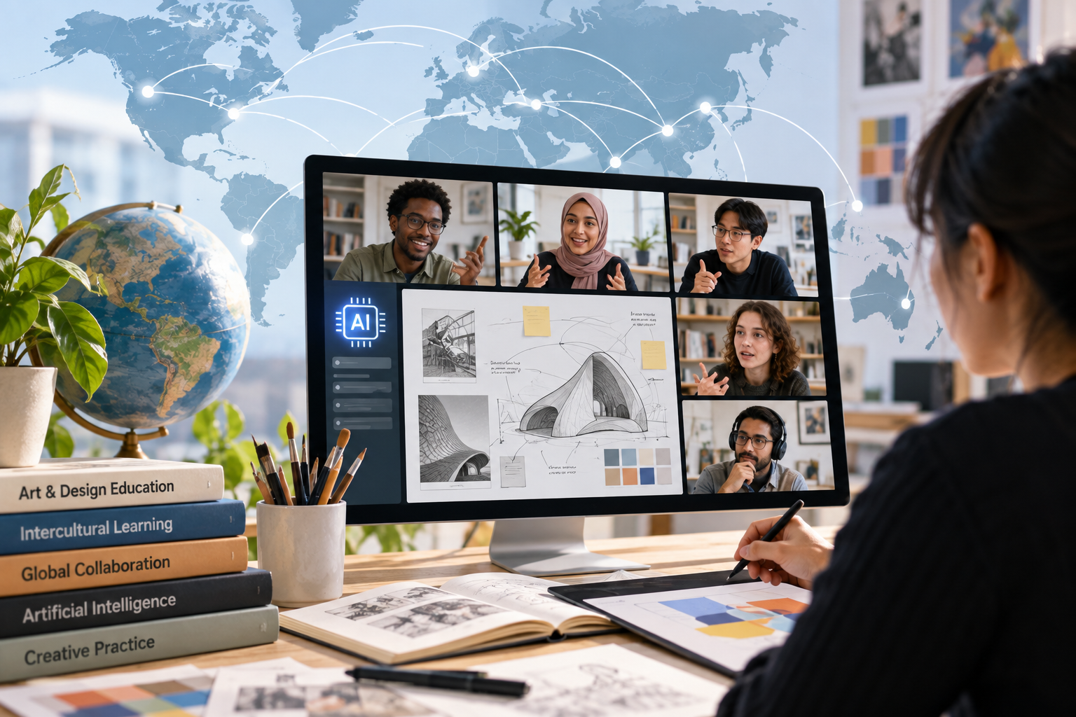 Person participates in a global virtual collaboration on art and design, with diverse colleagues, architectural sketches, an AI interface, a globe, and a world map showing international connections.