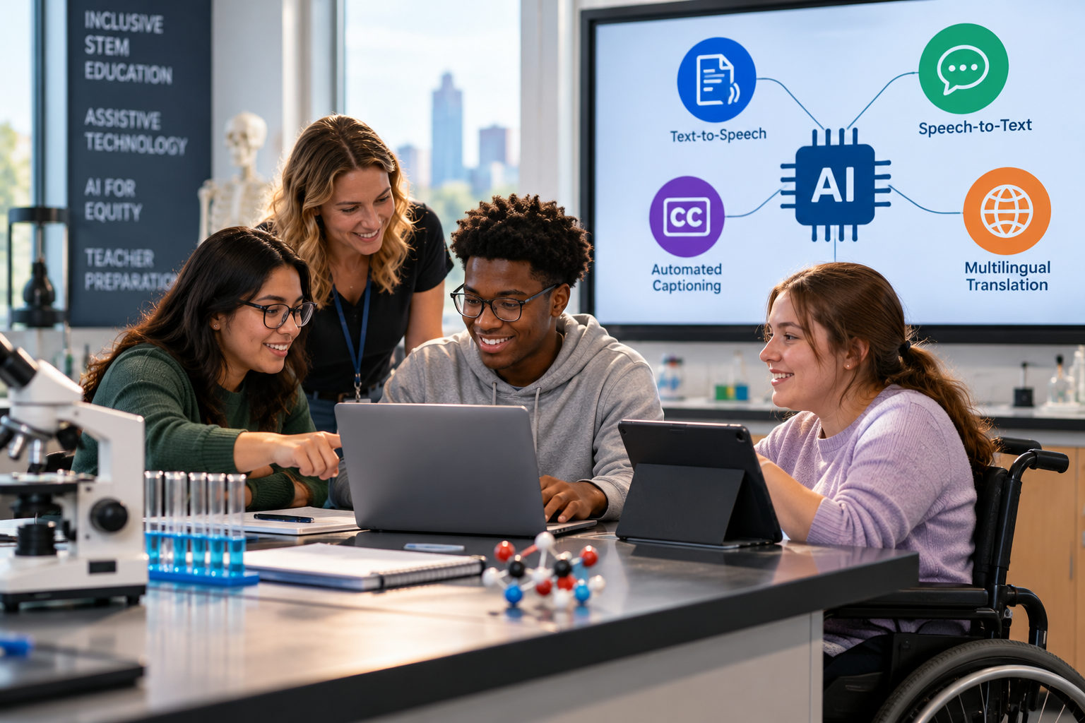 Instructor and three students collaborate in a science lab using laptops and a tablet, with a display illustrating AI accessibility tools including text-to-speech, speech-to-text, automated captioning, and multilingual translation.