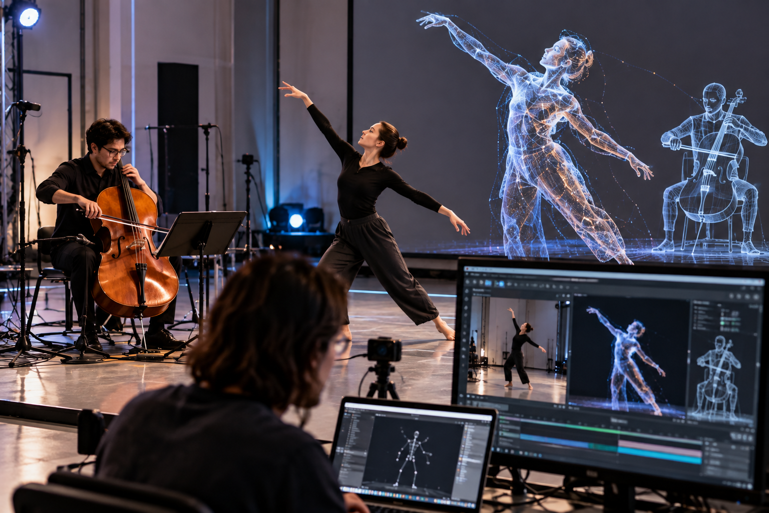 Cellist and dancer perform in a technology-enhanced studio while motion-capture software creates digital visualizations of their movements on large screens.