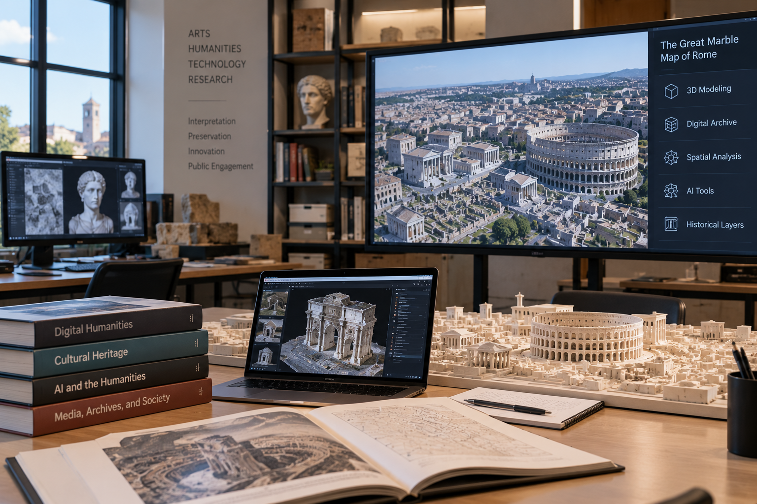 Digital humanities research workspace combines a 3D model of ancient Rome with digital reconstructions, archival imagery, and AI-assisted tools for cultural heritage interpretation and preservation.
