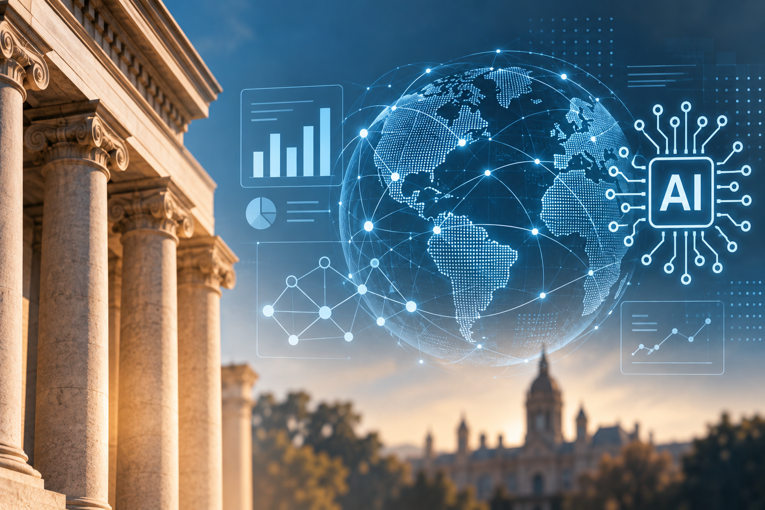 Classical university columns frame a digital globe overlaid with global network connections, data visualizations, and an AI symbol, representing the intersection of higher education, technology, and global research.