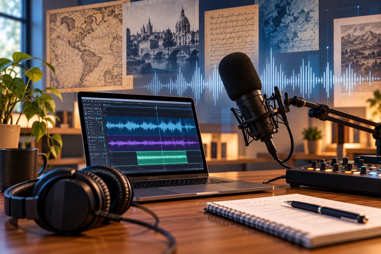 Digital audio research workspace with a microphone, headphones, mixing controls, and waveform-editing software, set against historical maps, photographs, and manuscripts representing archival sound and humanities research.