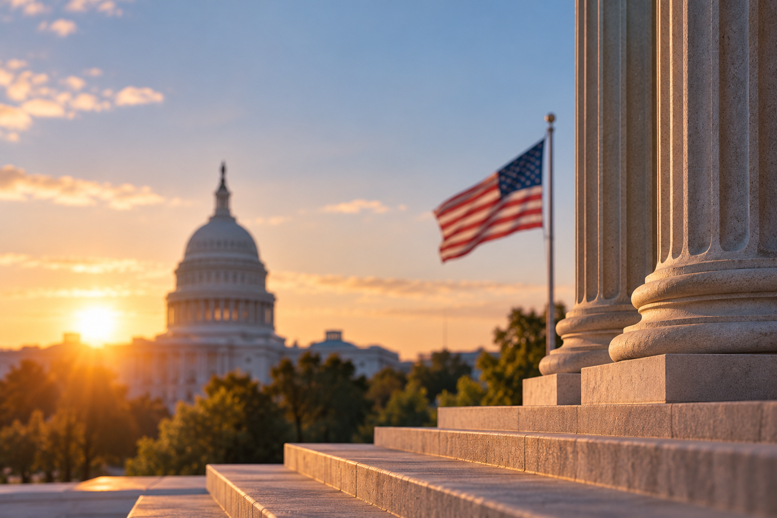 U.S. Capitol at sunset with an American flag and classical stone columns in the foreground, representing government, democracy, and civic life.