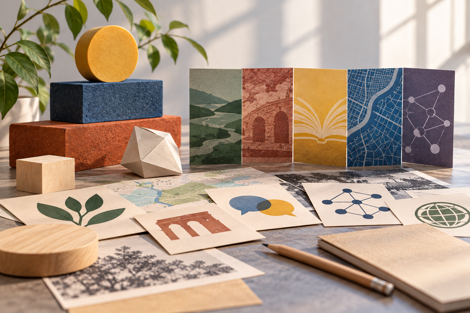 Abstract educational display combines geometric forms, maps, landscapes, architecture, an open book, communication symbols, and network graphics to represent interconnected themes of place, culture, learning, and global connections.