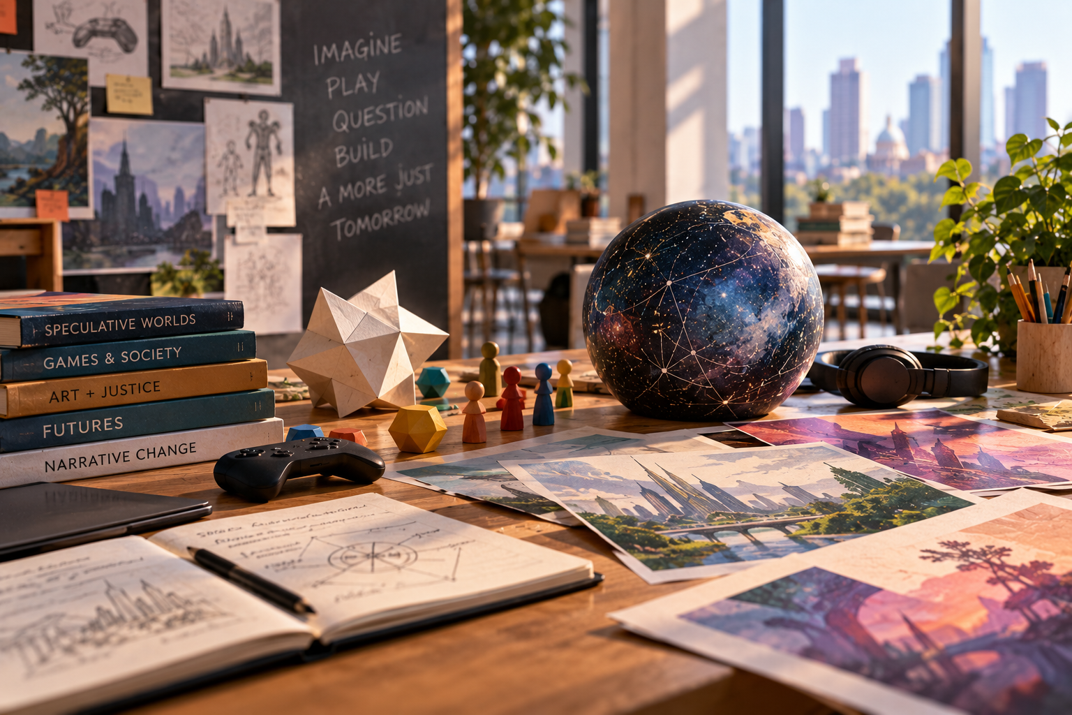 Creative studio workspace combines speculative artwork, a game controller, geometric models, figurines, and a networked globe with books on futures, games, justice, and narrative change, representing imaginative approaches to shaping society.
