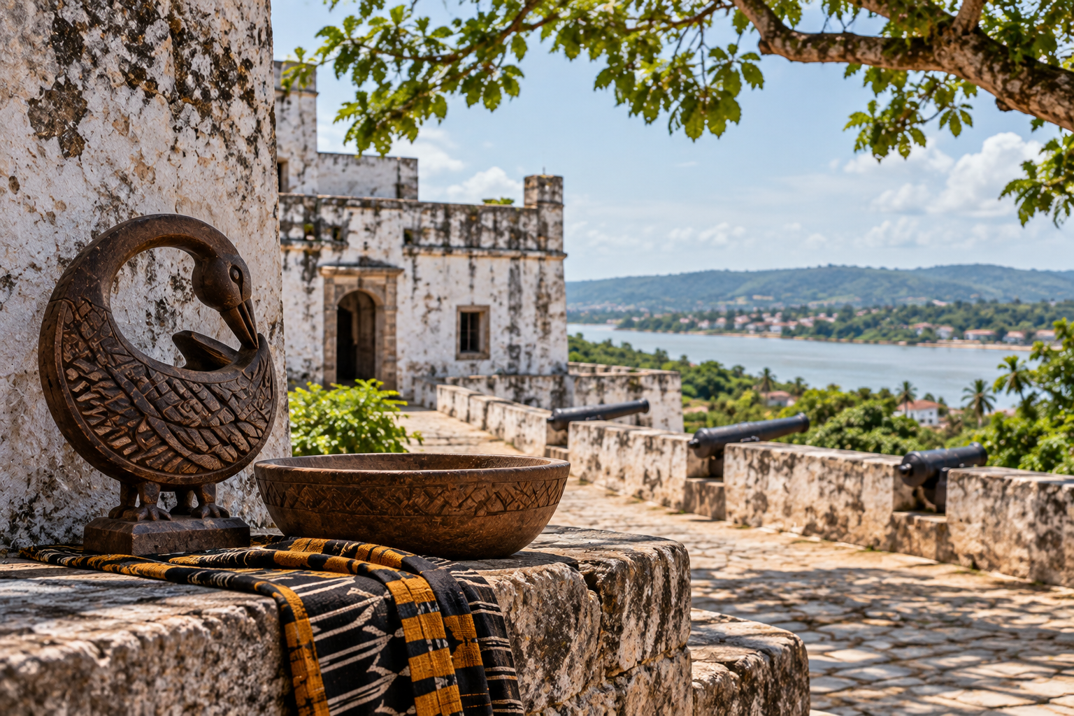 Traditional Ghanaian bird sculpture, patterned textile, and carved bowl displayed at a historic coastal fort overlooking cannons, lush hills, and the ocean.