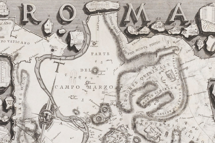 A black and white restoration of a map of marble fragments created by Piranesi. ROMA is written at the top, and the Campo Marzo is centered on the image.